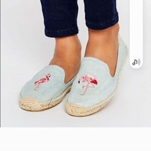 Soludos Gray Espadrilles with Pink Flamingo Embroidery